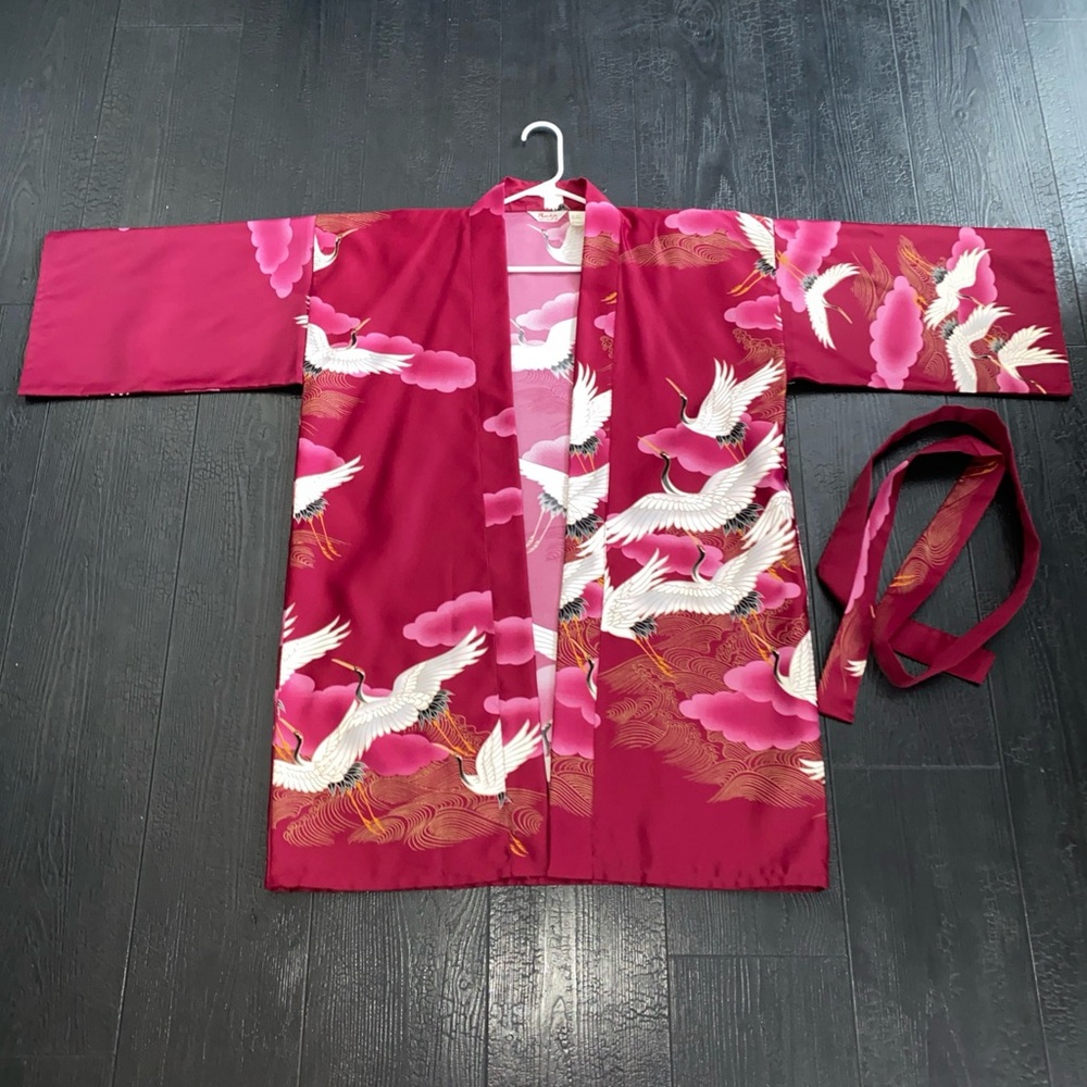 Vintage Marukyo Kyoto Kimono Robe Burgundy‎ Crane Medium  Made In Japan